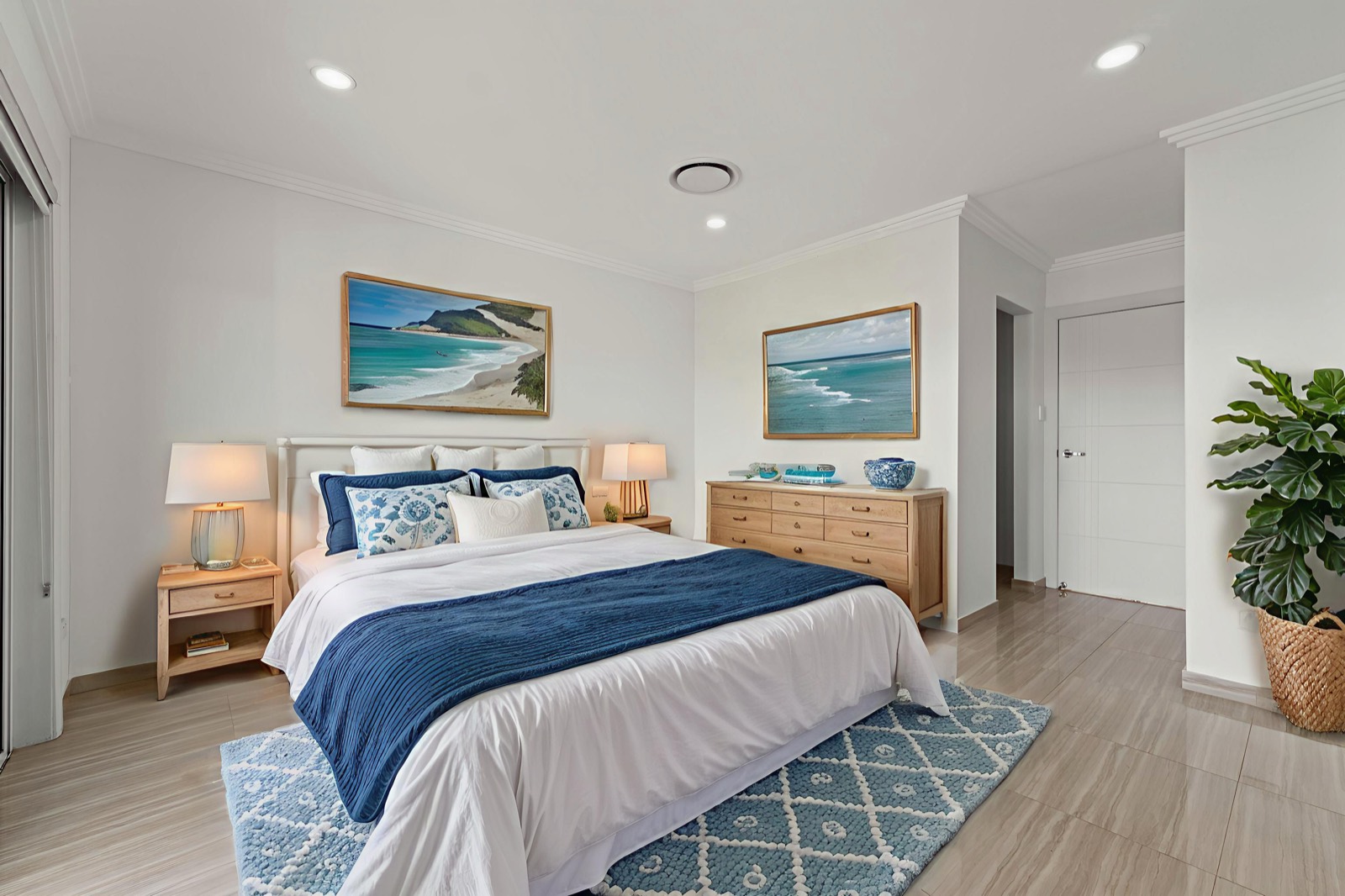 Light-filled bedroom with framed artwork and bedside styling
